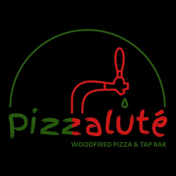 Pizzaluté logo with green and red text, a beer tap, and "Woodfired Pizza & Tap Bar" tagline.