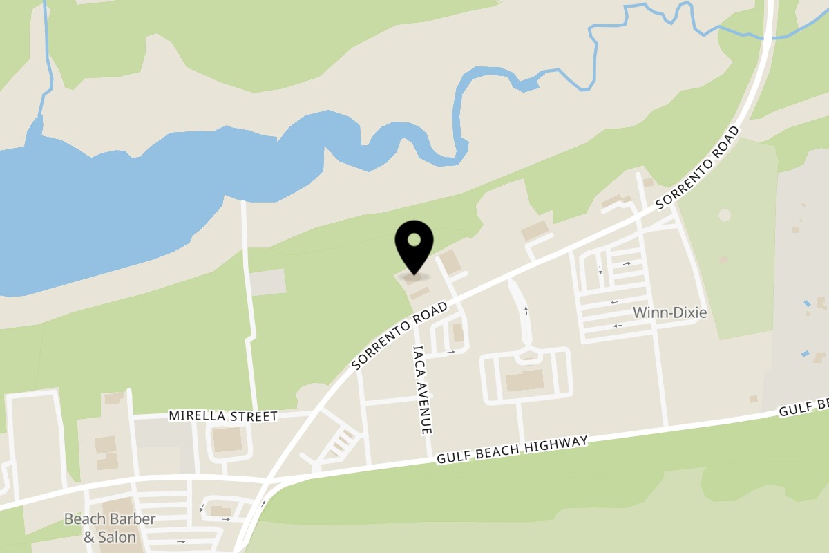 Map showing the location of Pizzaluté on 13160 Sorrento Road in Pensacola